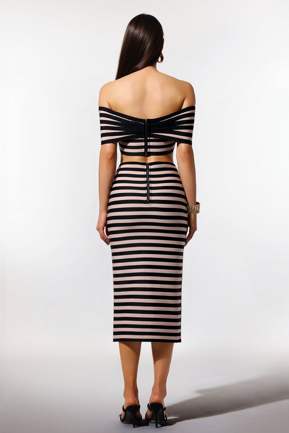 Elda Beige Striped Off-the-Shoulder Bodycon Dress