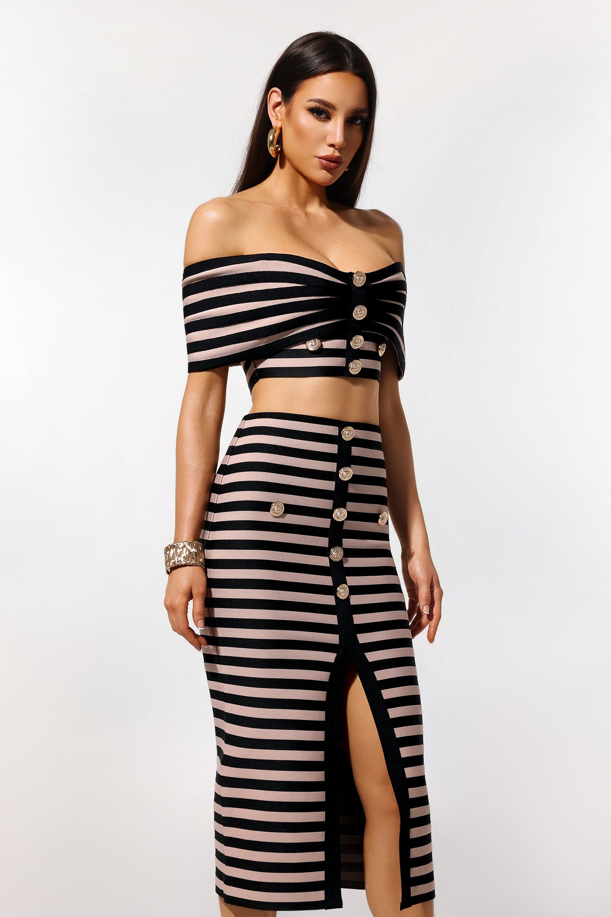 Elda Beige Striped Off-the-Shoulder Bodycon Dress