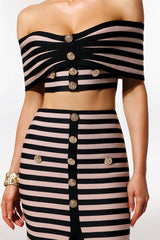 Elda Beige Striped Off-the-Shoulder Bodycon Dress