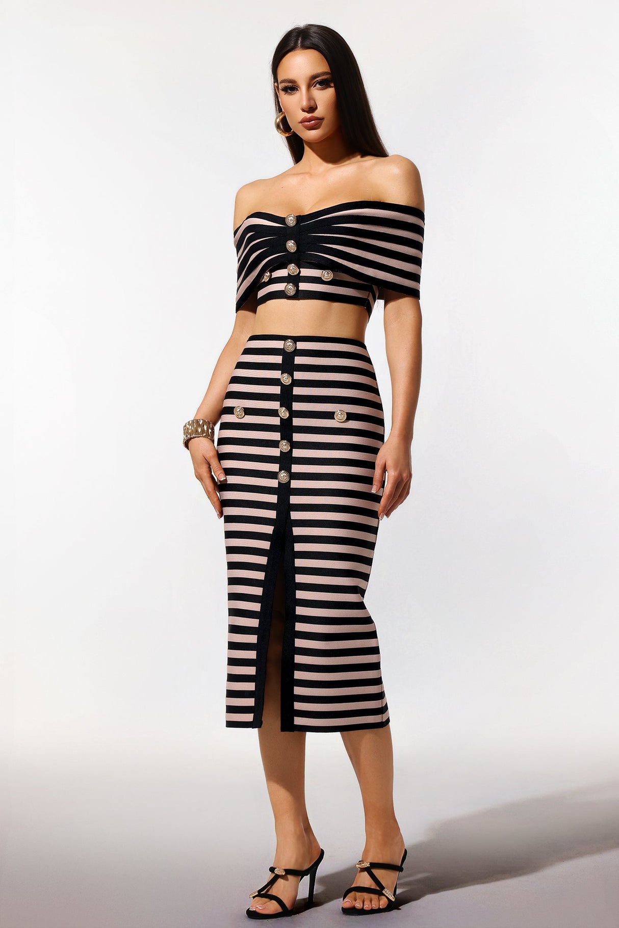 Elda Beige Striped Off-the-Shoulder Bodycon Dress