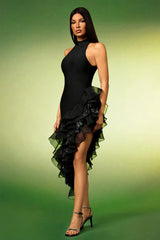 Elda Black Mandarin Collar Ruffled Sleeveless Dress