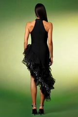 Elda Black Mandarin Collar Ruffled Sleeveless Dress