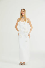 Elda Floral Midi Dress - Off - Shoulder Corset Style - Faux - Flower Accents - Rear Zip Fastening & Slit