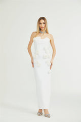 Elda Floral Midi Dress - Off - Shoulder Corset Style - Faux - Flower Accents - Rear Zip Fastening & Slit