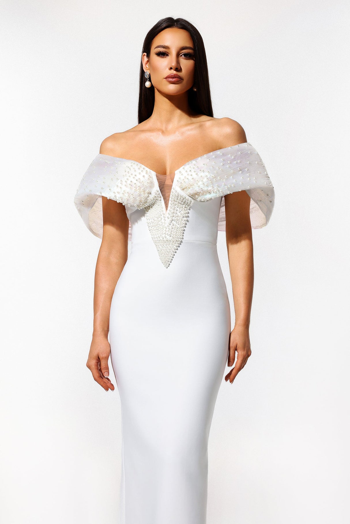 Elda White Off Shoulder Pearl Detailing Dress