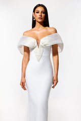 Elda White Off Shoulder Pearl Detailing Dress