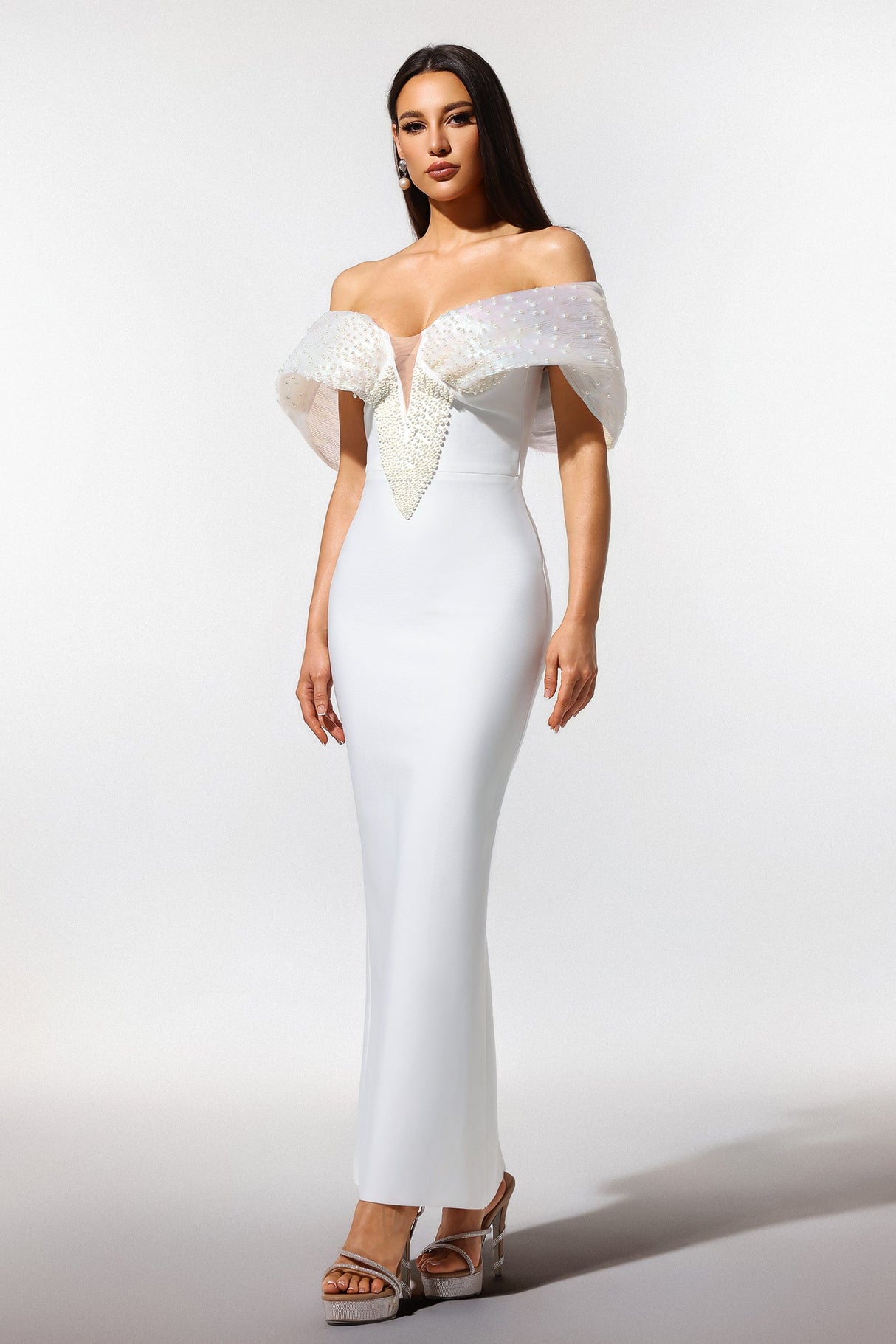 Elda White Off-Shoulder Pearl Detail Dress V-Neckline Formal Evening Wear Wedding Gala Beauty Craftsmanship