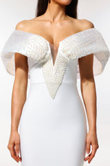 Elda White Off-Shoulder Pearl Detail Dress V-Neckline Formal Evening Wedding Gala