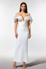 Elda White Off-Shoulder Pearl Detail Dress V-Neckline Formal Evening Wedding Gala
