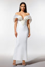 Elda White Off-Shoulder Pearl Detail Dress V-Neckline Formal Evening Wedding Gala