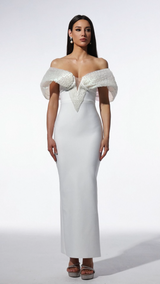 Elda White Off-Shoulder Pearl Detail Dress