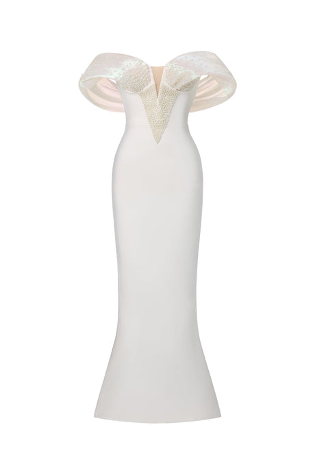 Elda White Off-Shoulder Pearl Detailing Dress