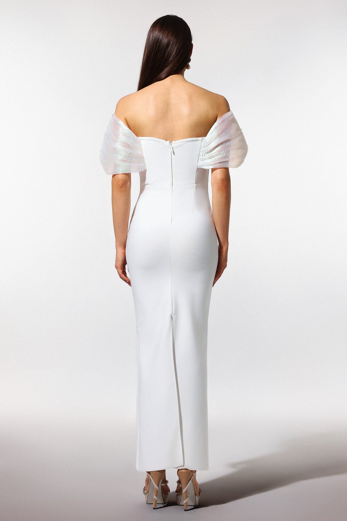 Elda White Off-Shoulder Pearl Detailing V-Neckline Formal Dress