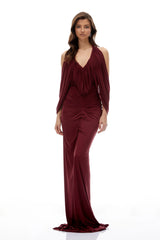 Eléa Red Cold Shoulder Draped Maxi Dress