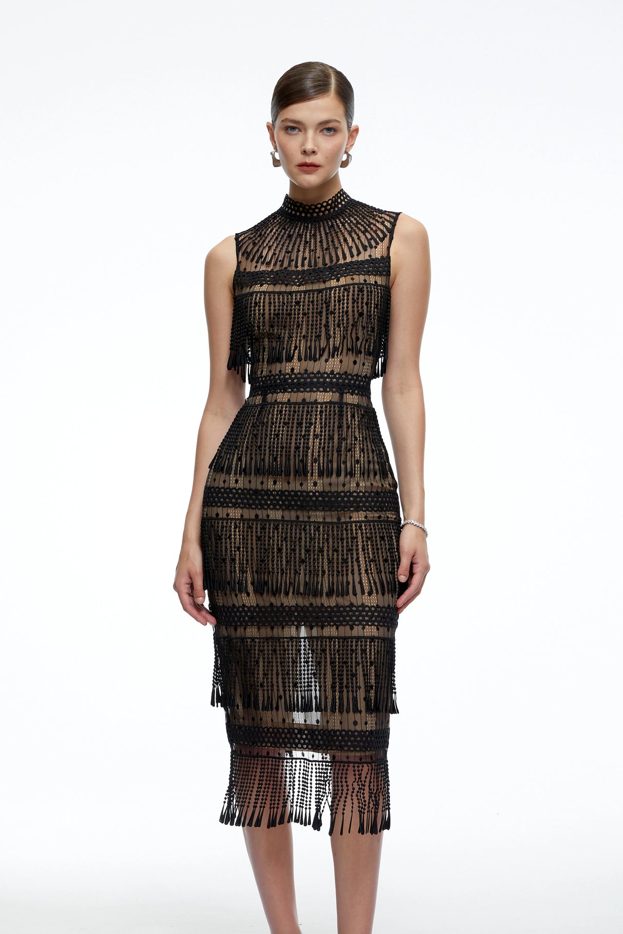 Eleanor Black Crochet High Neck Midi Dress With Fringe