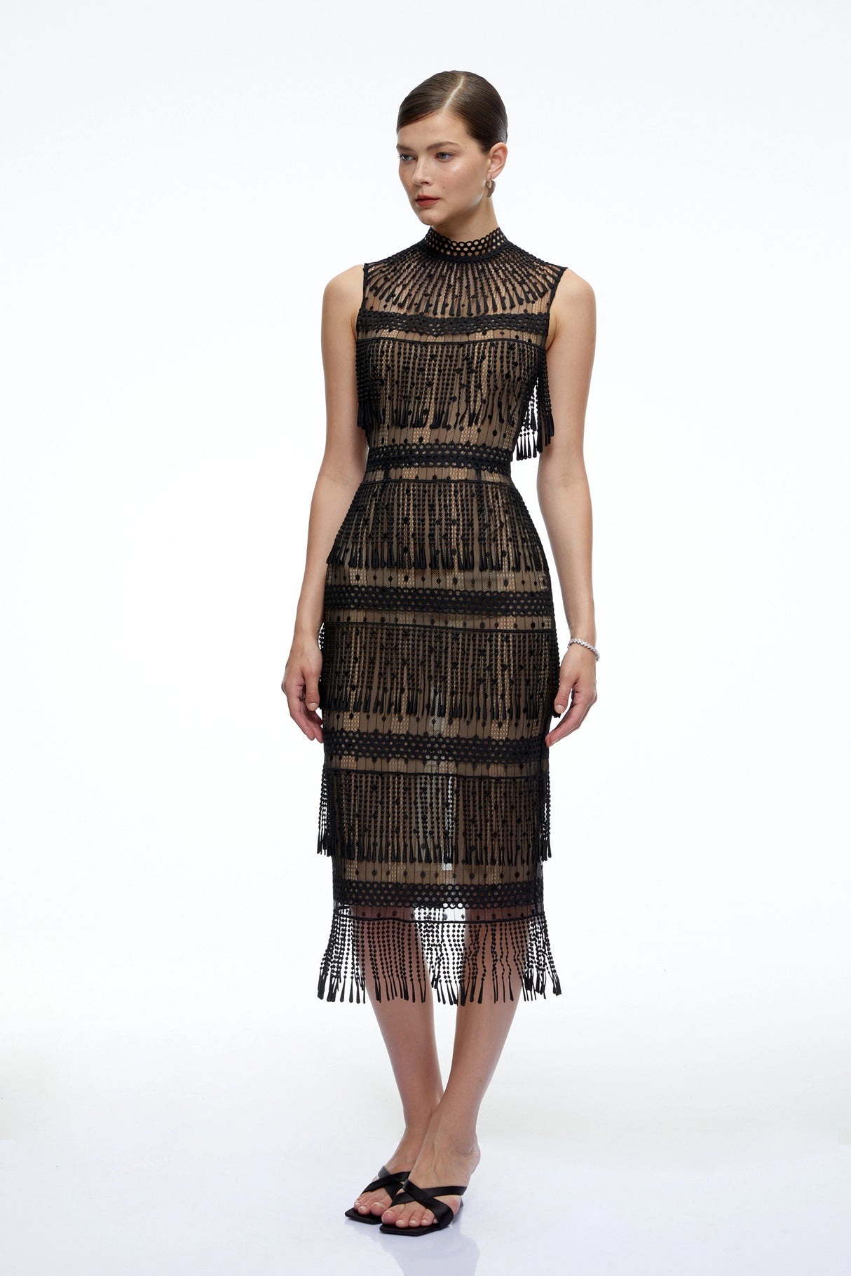 Eleanor Black Crochet High Neck Midi Dress With Fringe