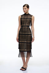 Eleanor Black Crochet High Neck Midi Dress With Fringe
