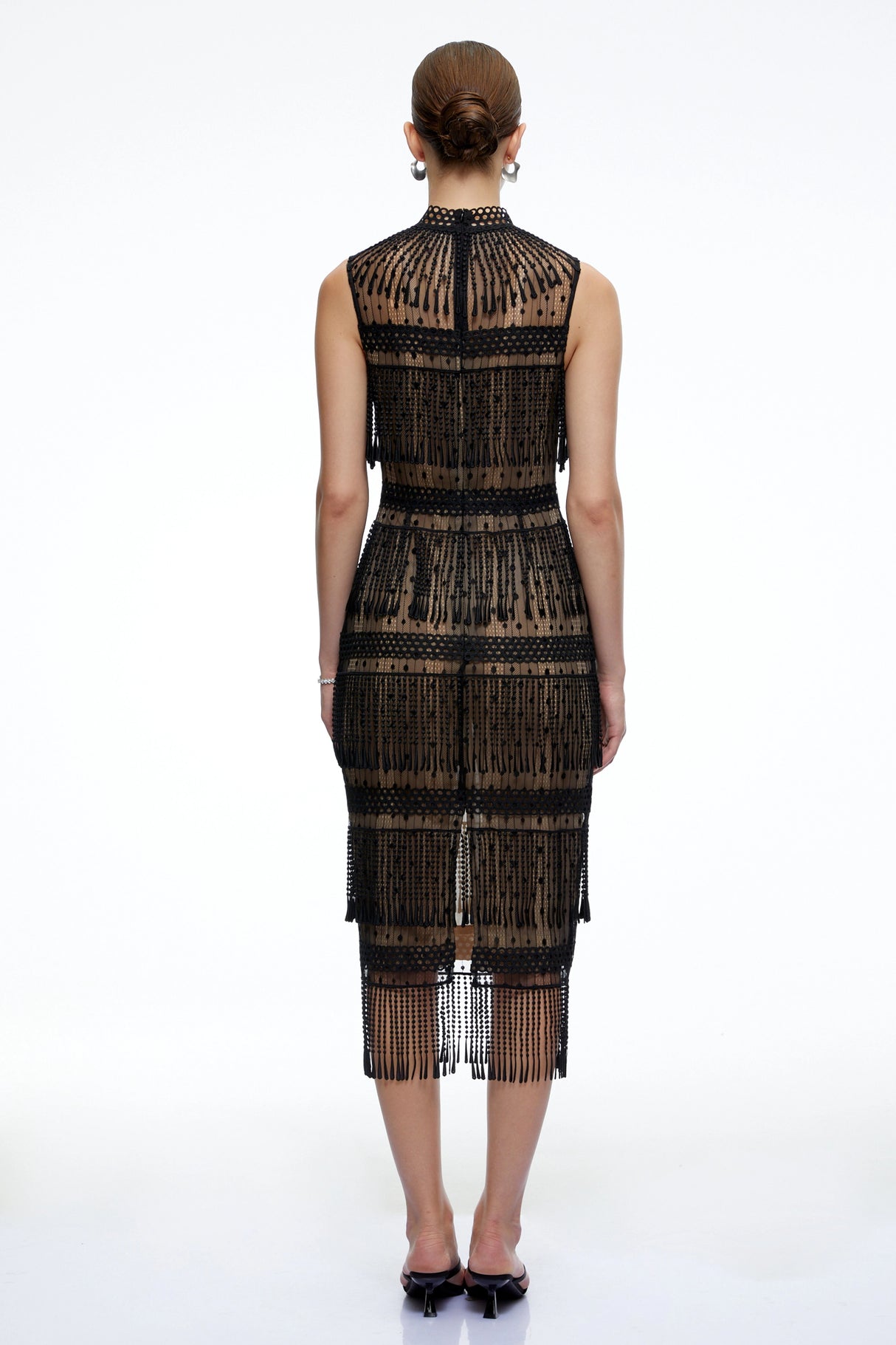 Eleanor Black Crochet High Neck Midi Dress With Fringe