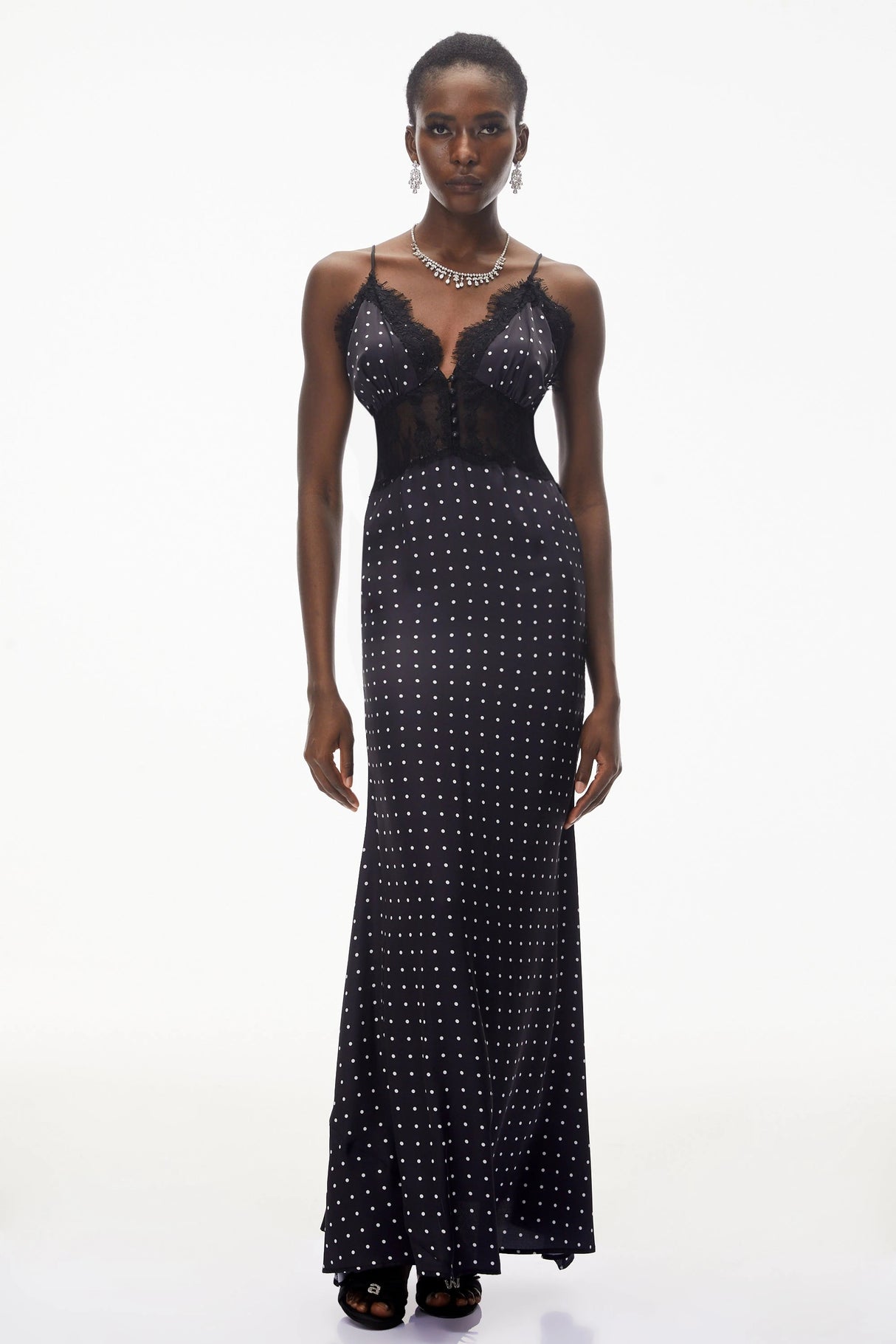 Eleanor Black Polka Dot Lace Trim Maxi Dress