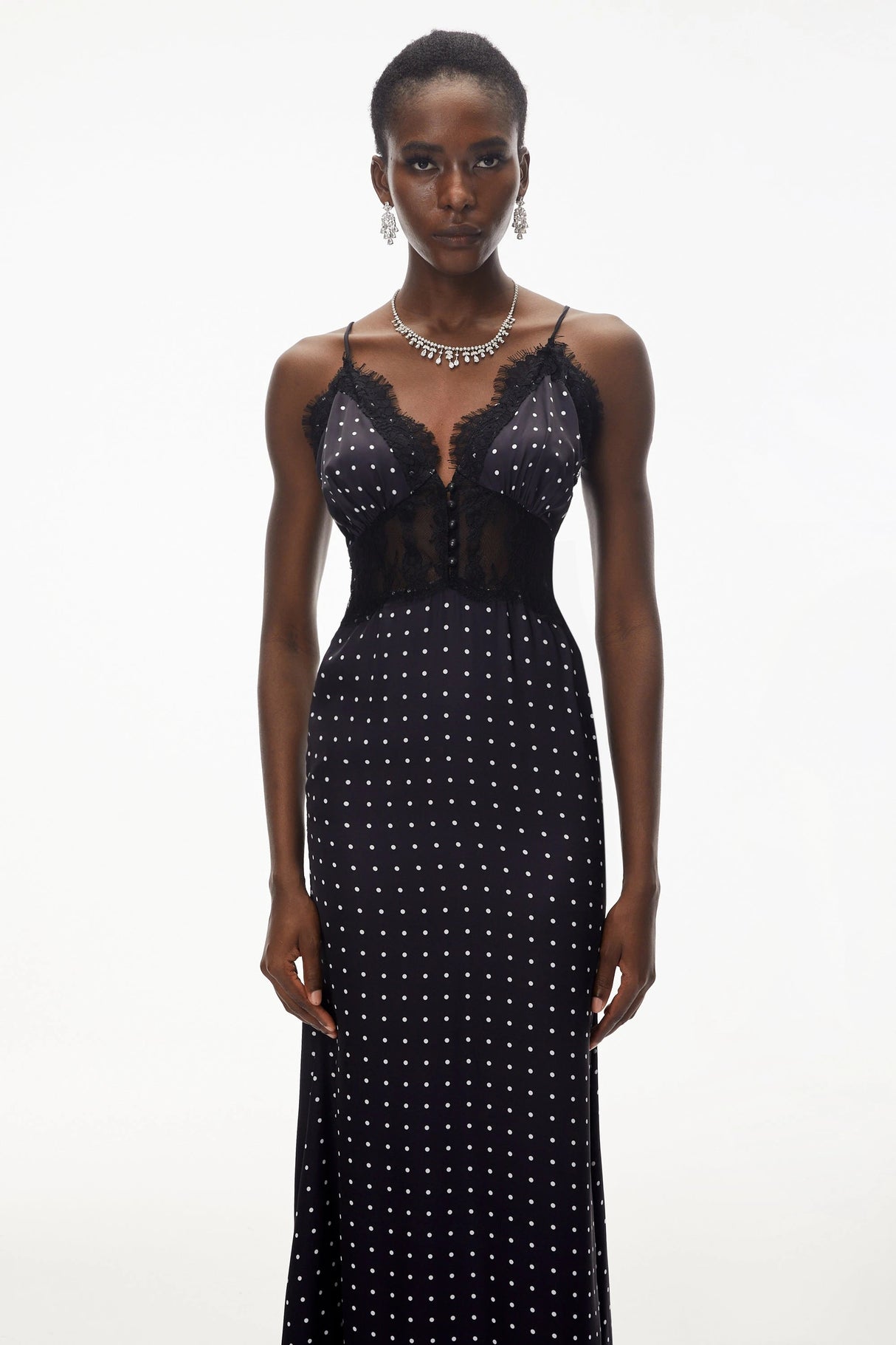 Eleanor Black Polka Dot Lace Trim Maxi Dress