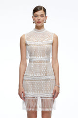 Eleanor White Crochet High Neck Mini Dress With Fringe