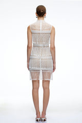 Eleanor White Crochet High Neck Mini Dress With Fringe
