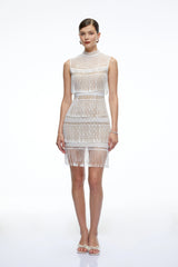 Eleanor White Crochet High Neck Mini Dress With Fringe