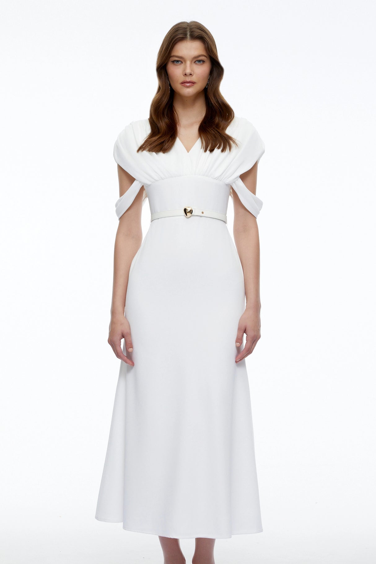 Eleanor White VNeck Midi Dress with Cape Sleeves