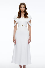 Eleanor White VNeck Midi Dress with Cape Sleeves
