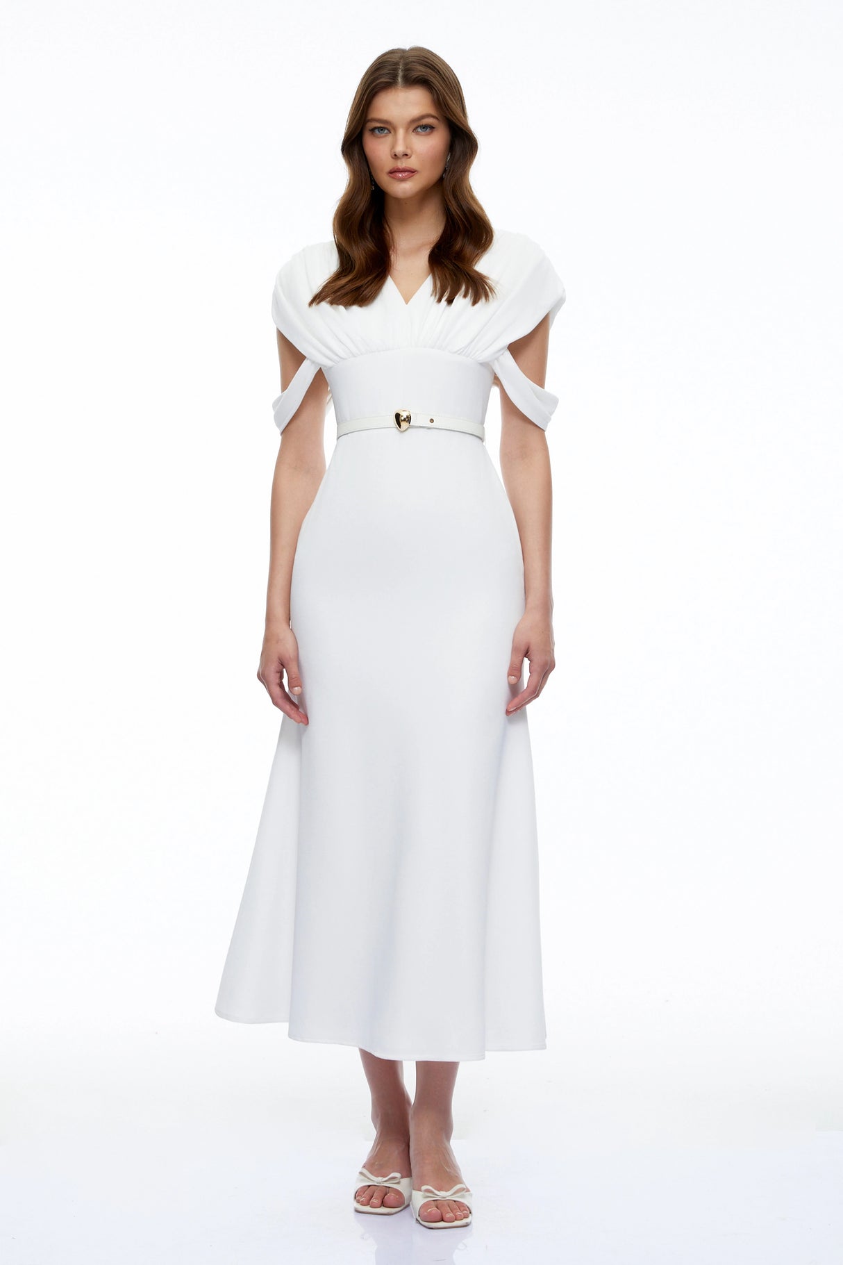 Eleanor White VNeck Midi Dress with Cape Sleeves