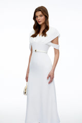 Eleanor White VNeck Midi Dress with Cape Sleeves