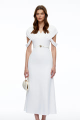 Eleanor White VNeck Midi Dress with Cape Sleeves
