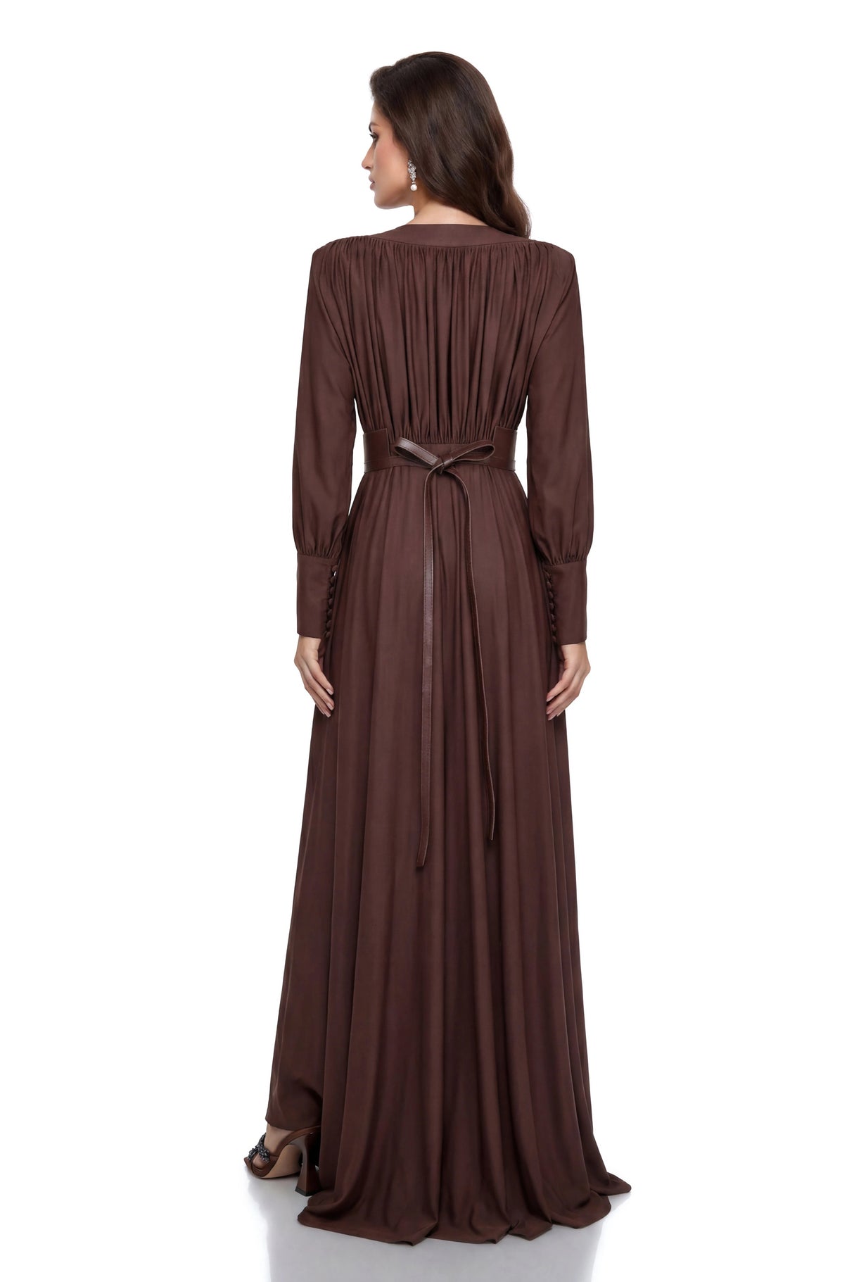 Eleanore Chocolate Brown VNeck Ruched Maxi Dress