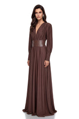 Eleanore Chocolate Brown VNeck Ruched Maxi Dress