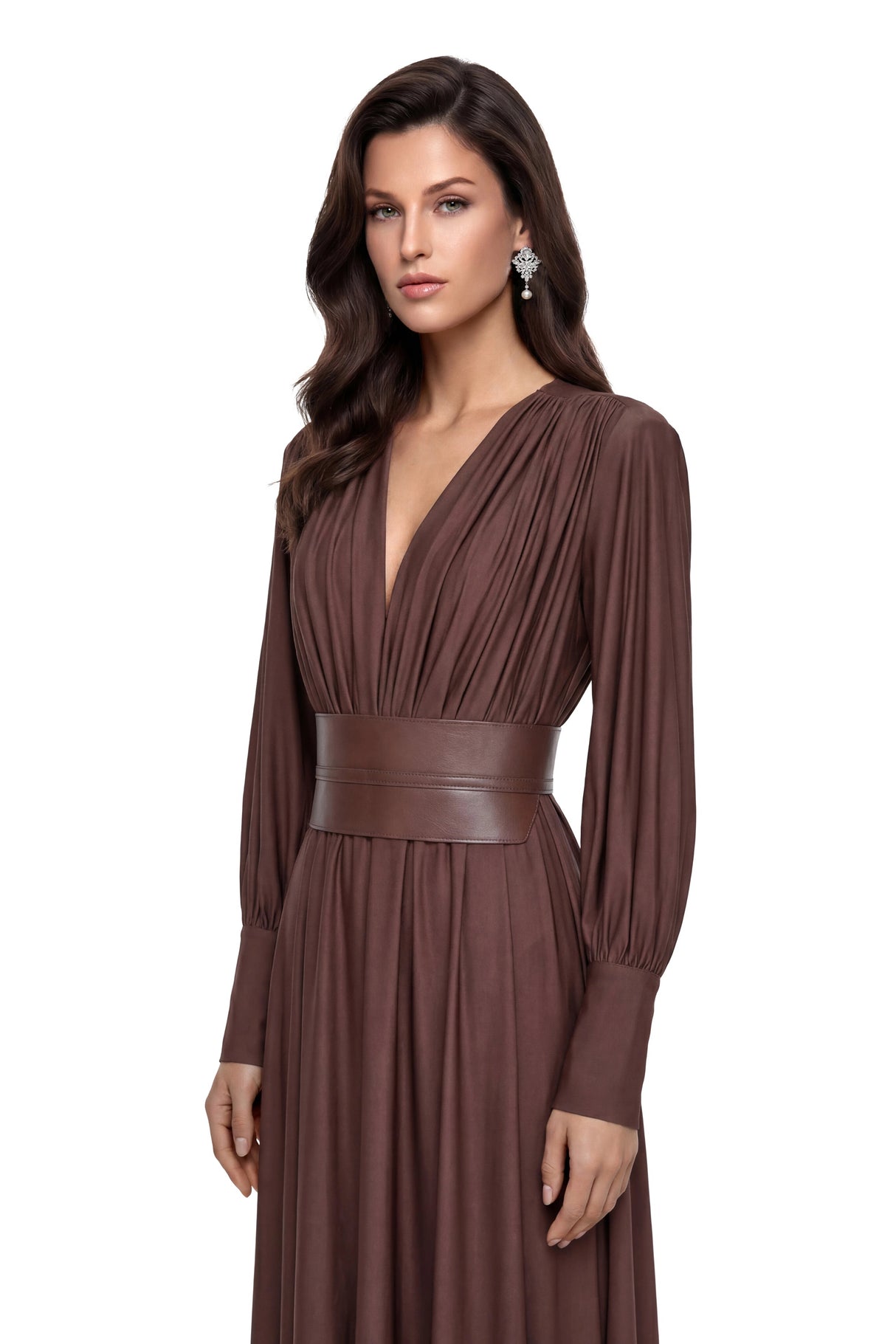 Eleanore Chocolate Brown VNeck Ruched Maxi Dress