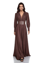 Eleanore Chocolate Brown VNeck Ruched Maxi Dress