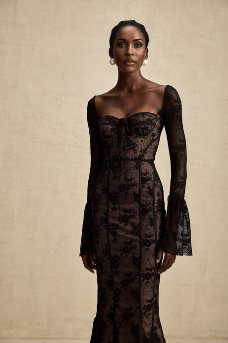 Elegant black lace maxi dress with flared Marlene style silhouette and full length skirt