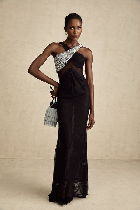 Elegant black maxi dress with crystal embellishments and crossover design