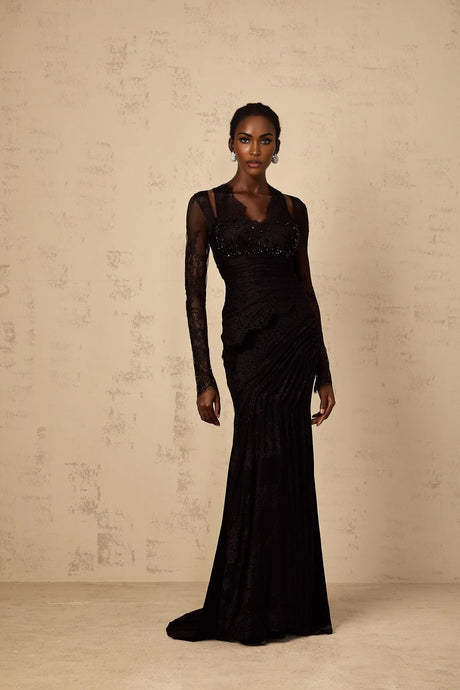 Elegant black mermaid style maxi dress with floral lace overlay named Ursula