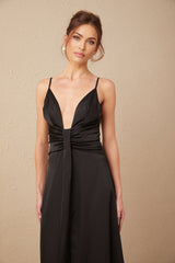 Elegant black satin maxi dress with V neckline and front slit