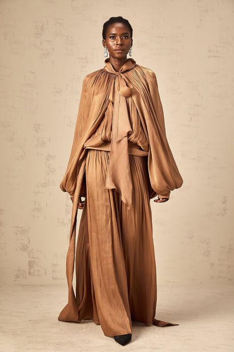 Elegant brown Mila maxi dress with pleated satin fabric and full length skirt