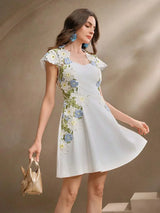 Elegant Floral Embroidery amp Hollow Out Ruched Waist Womens Dress FestivalGoing OutVacation