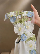 Elegant Floral Embroidery amp Hollow Out Ruched Waist Womens Dress FestivalGoing OutVacation