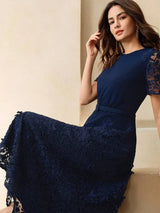 Elegant Lace HollowOut Patchwork Waist Belt Slim Waist Round Neck Midi Dress Summer Easter Outfit