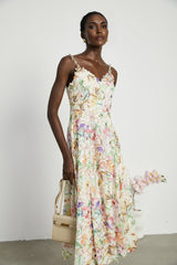 Elegant lace midi dress with floral embroidery in light color featuring delicate pattern and feminine silhouette