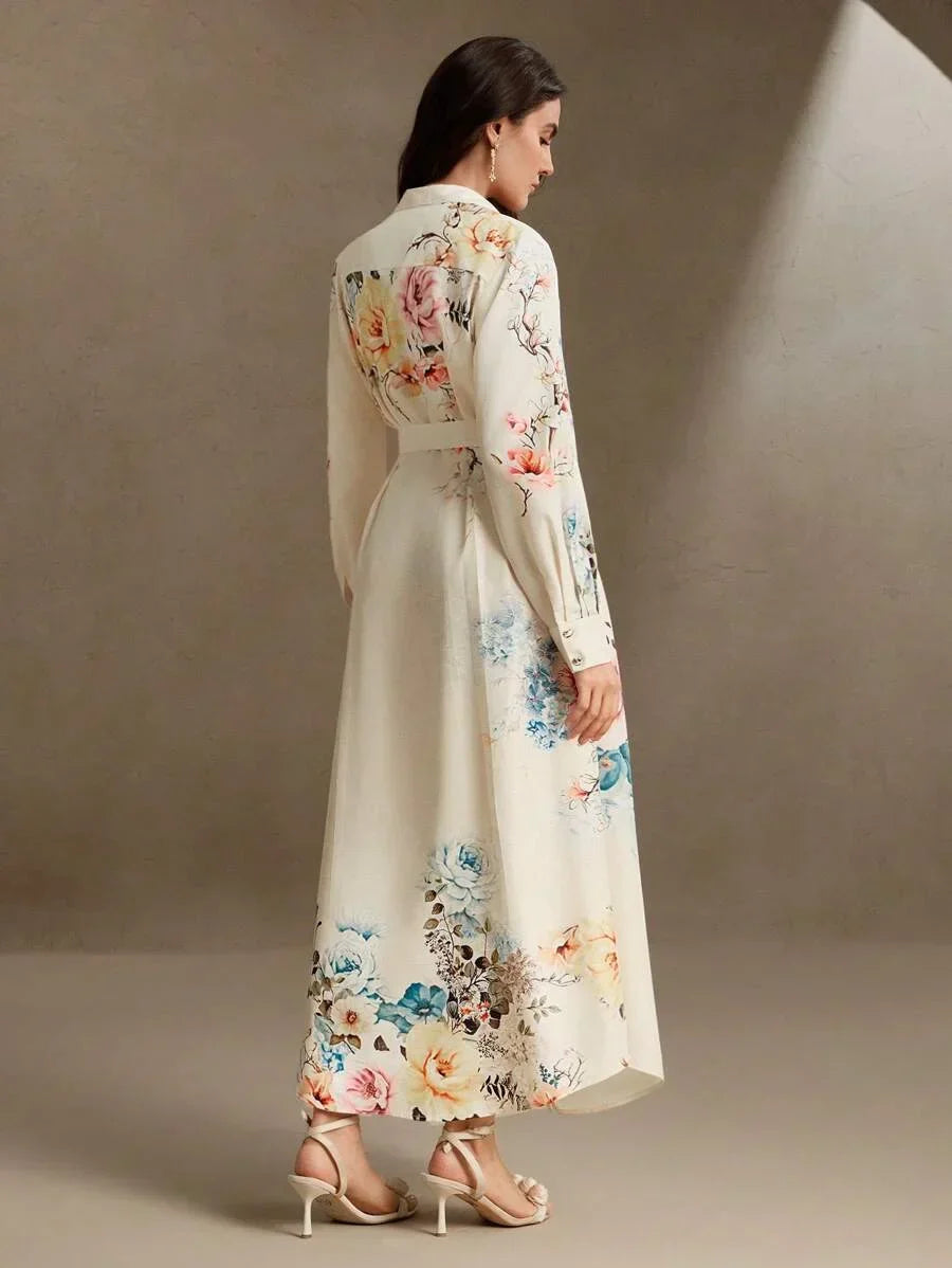 Elegant LinenLike Printed Tie Waist Floral Midi Dress Spring Outfit For Women