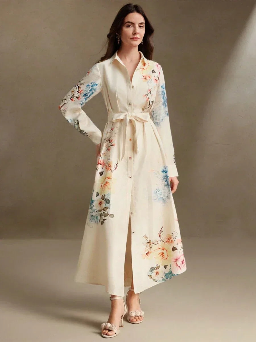 Elegant LinenLike Printed Tie Waist Floral Midi Dress Spring Outfit For Women