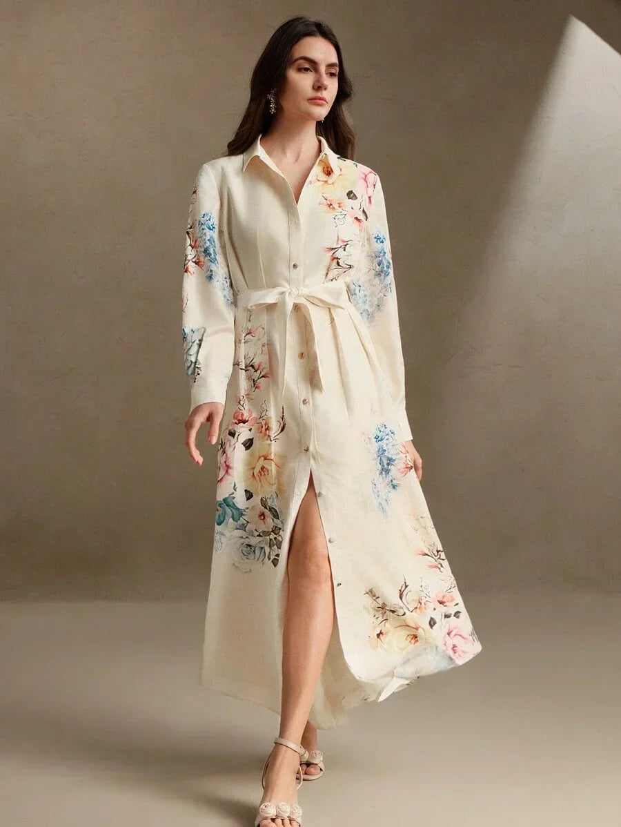 Elegant LinenLike Printed Tie Waist Floral Midi Dress Spring Outfit For Women
