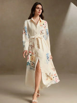 Elegant LinenLike Printed Tie Waist Floral Midi Dress Spring Outfit For Women
