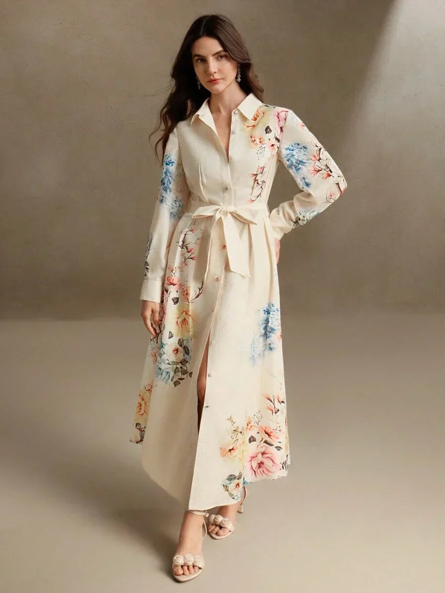 Elegant LinenLike Printed Tie Waist Floral Midi Dress Spring Outfit For Women